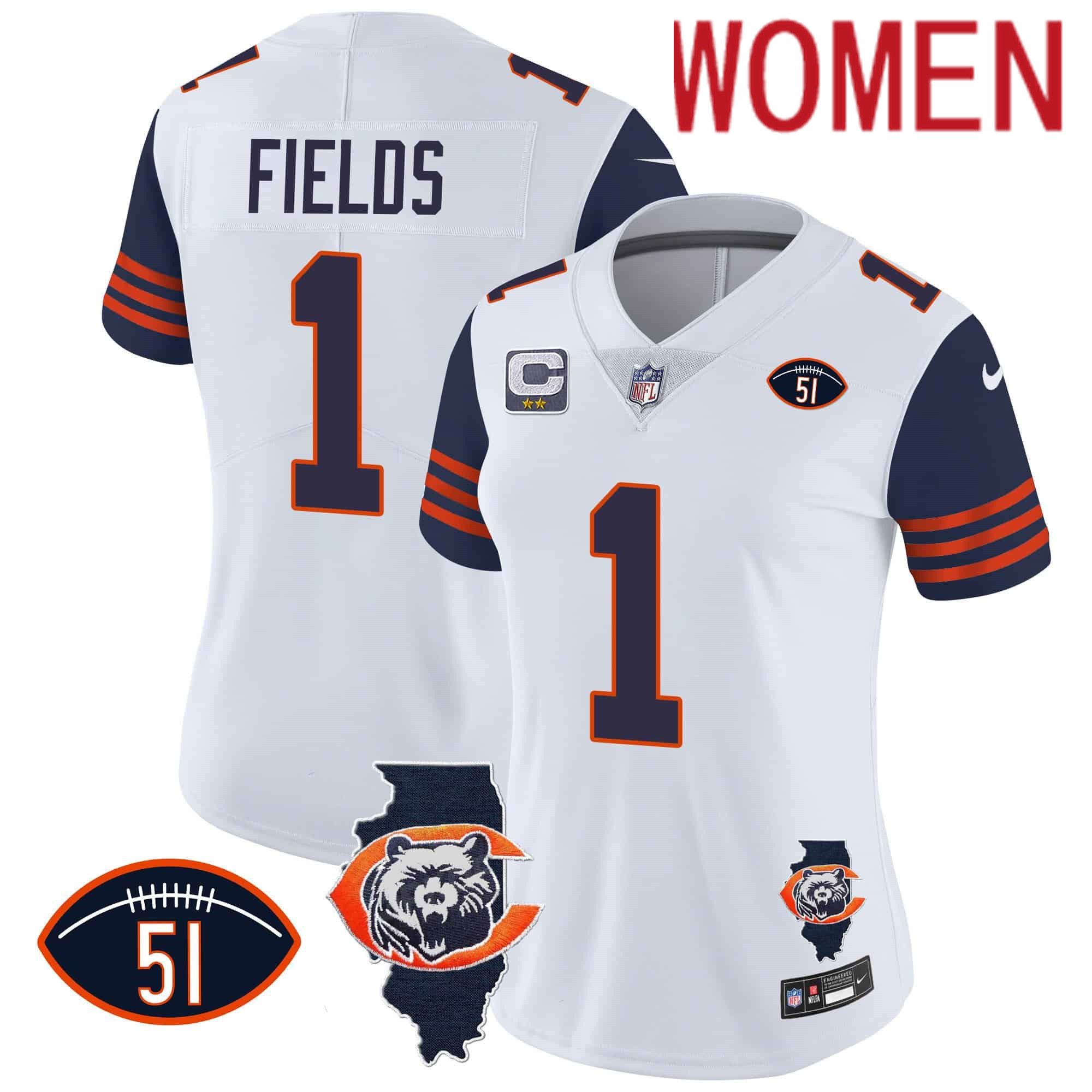 Women Chicago Bears 1 Fields White 2024 Nike Throwback Illinois Patch Vapor NFL Jersey style 1